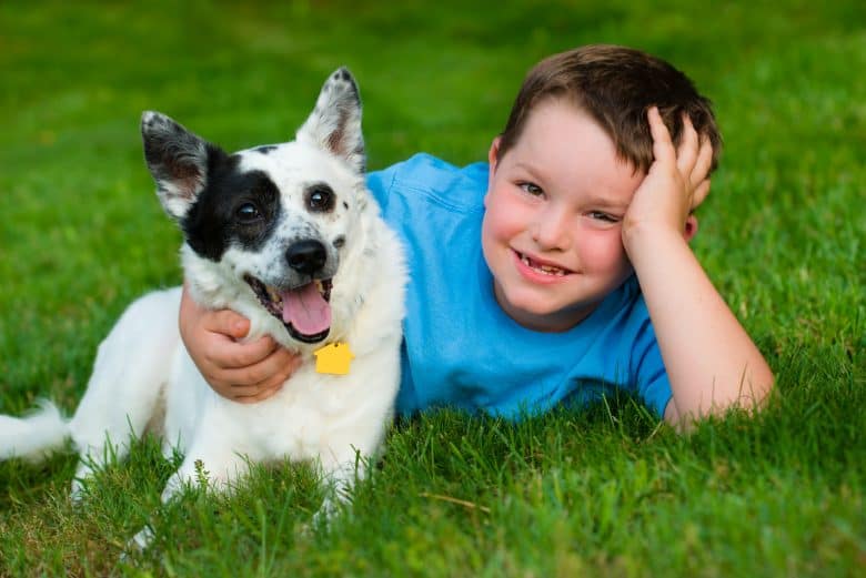 Kid embraces his cheerful Australian Cattle Dog