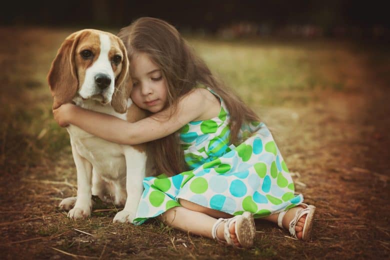 Little girl hugging her Beagle