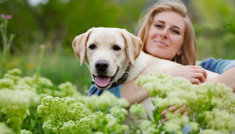 Girl with her dog posing in spring grass