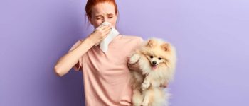 a sick red hair woman holding a Pomeranian dog