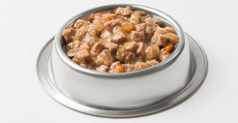 Wet dog food in a silver bowl