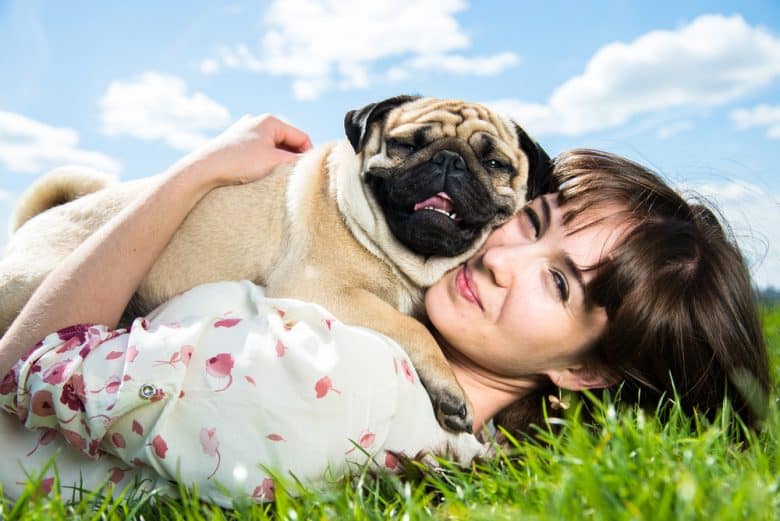 A Pug cuddling with its owner on the grass