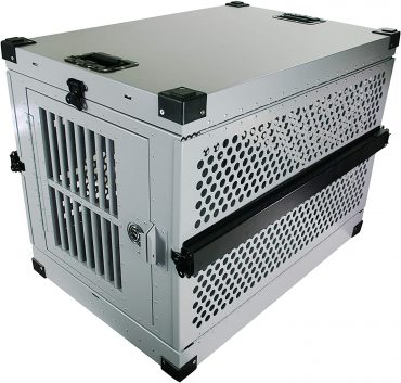A gray, aluminum collapsible dog crate