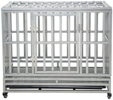 A heavy-duty steel, metal dog crate