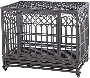 A heavy-duty metal dog crate