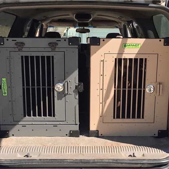 Two heavy-duty dog crates inside a car