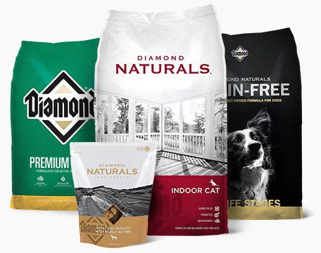 Packs of various Diamond dog food products