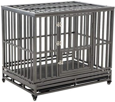A heavy-duty metal dog crate
