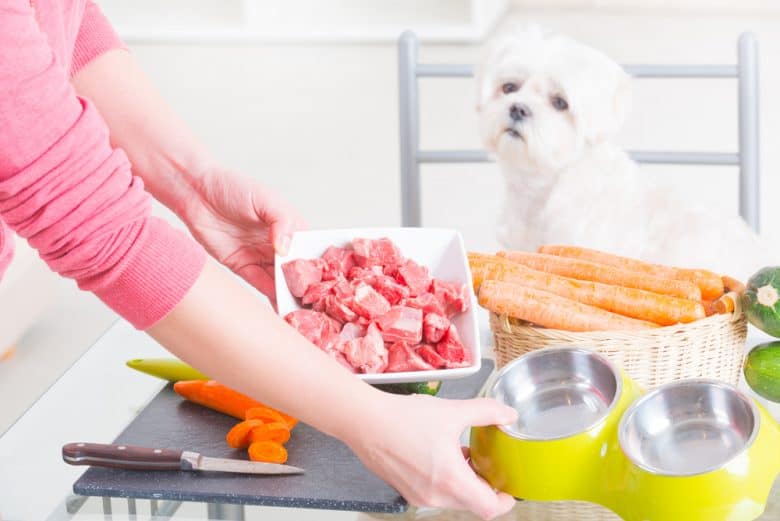 A woman preparing dog food with her dog