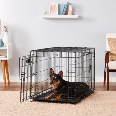 A black-and-tan dog inside a Precision Pet Products Two-Door Wire Crate