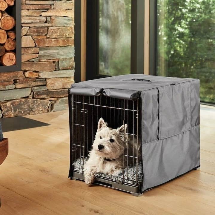 A West Highland White Terrier inside a covered wire crate