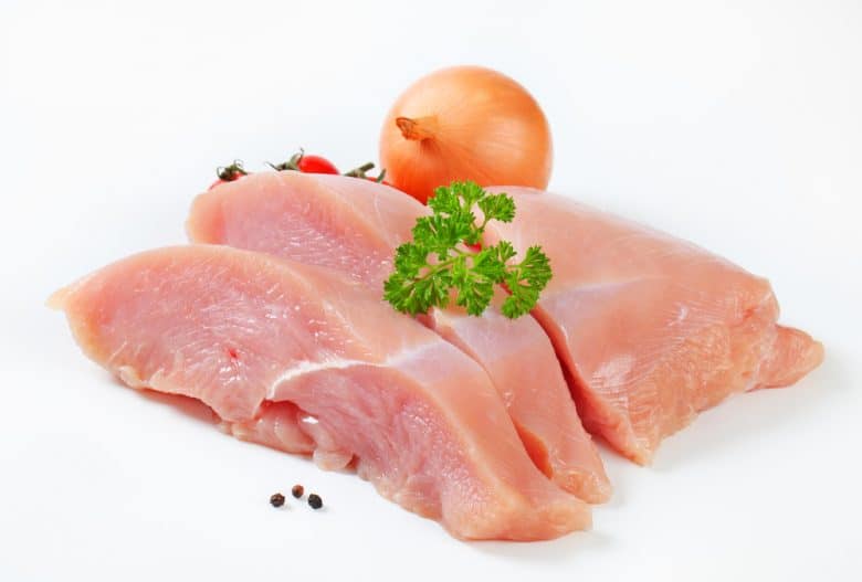 A close-up image of raw turkey breast